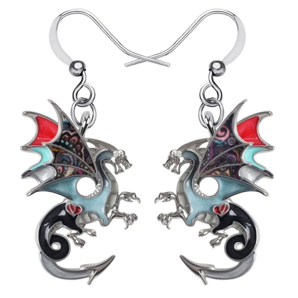 Silver and Multicolor Enamel Mythical Dragon Dangling French Wire Hook Earrings